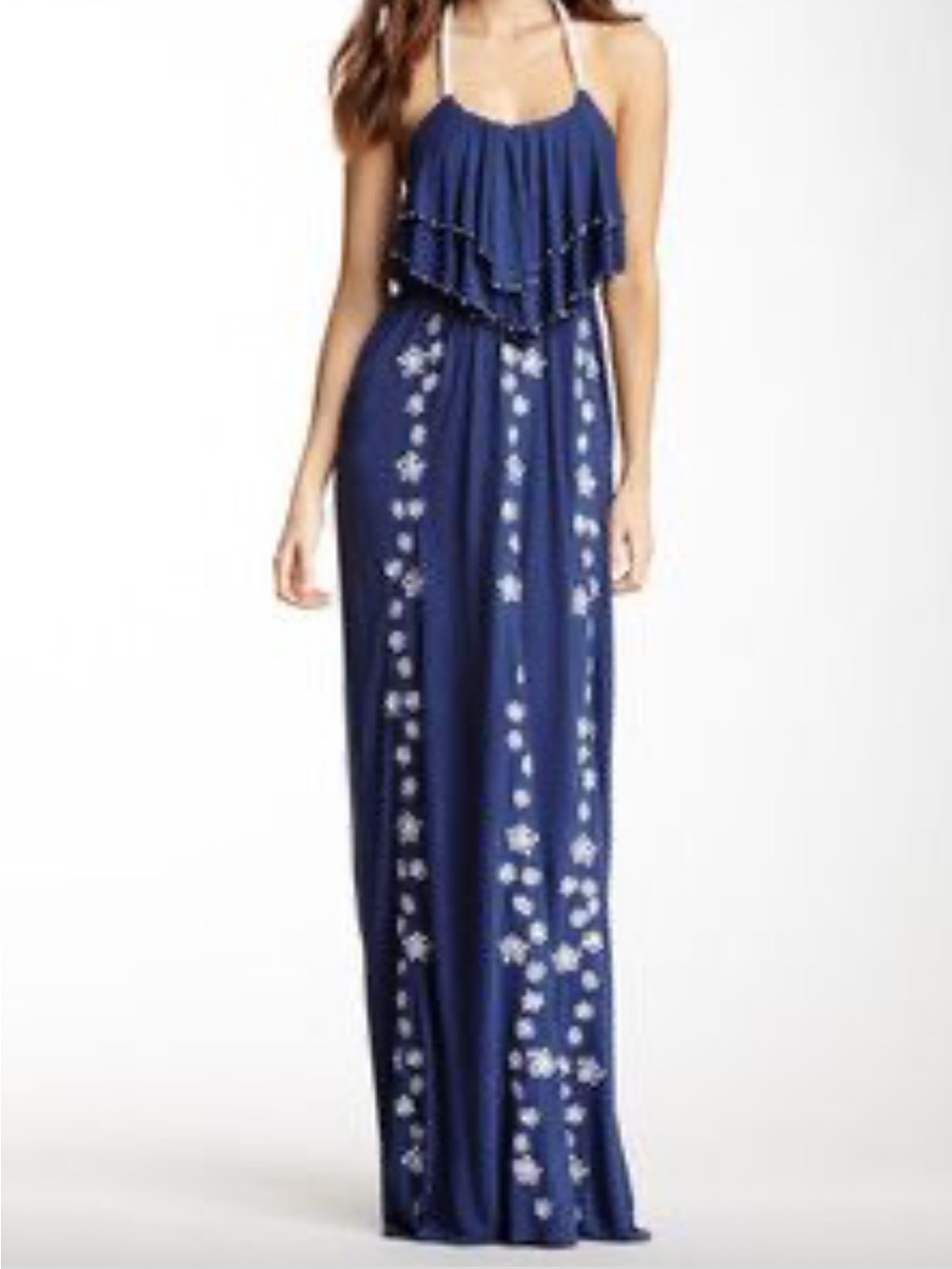 Letarte Handmade Navy Blue Embroidered Maxi Dress with Rope Halter NEW
